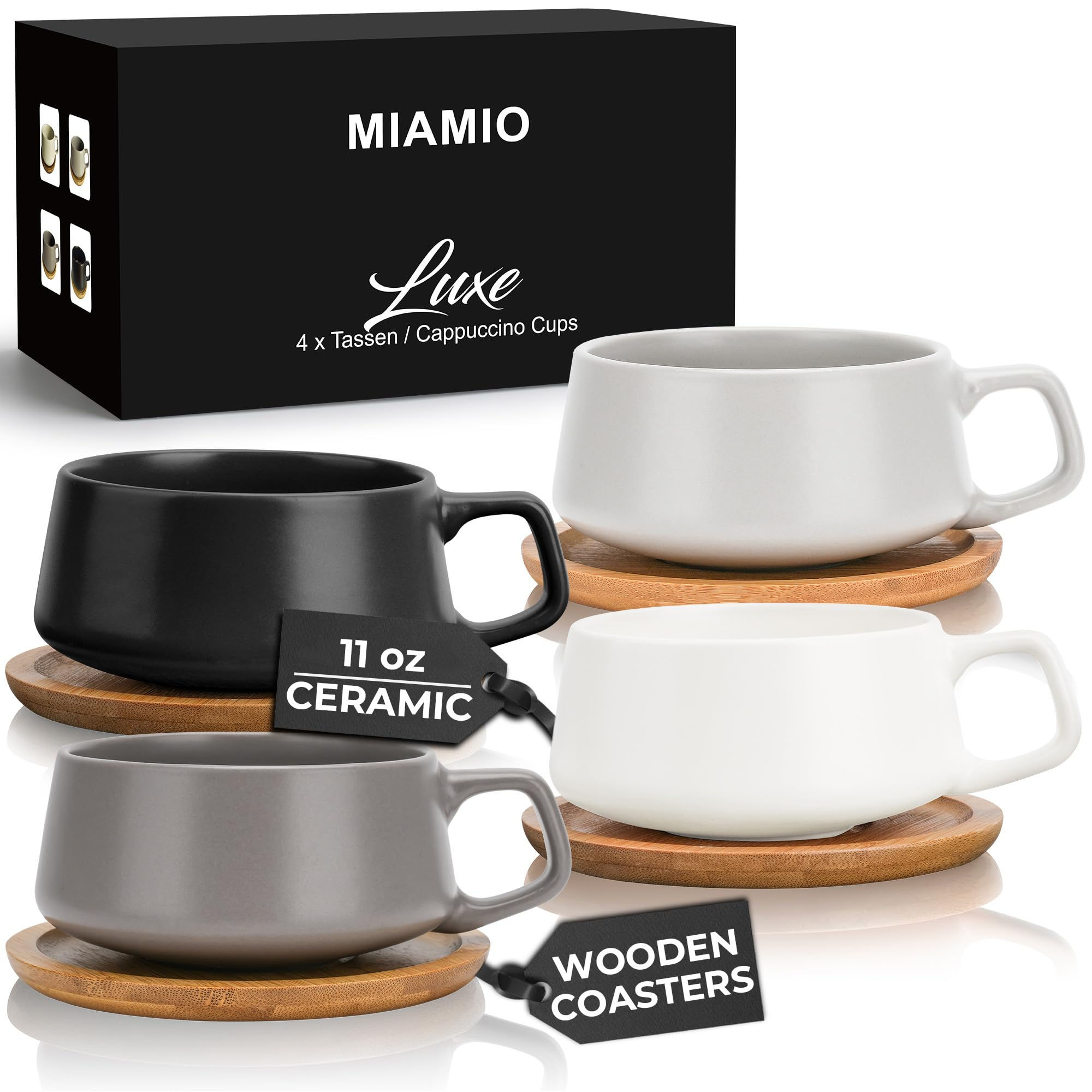 MIAMIO – 11 Oz. Set of 4 Ceramic Tea Cup and Saucer Bamboo/Tea Mug - Wide Cappuc