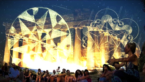 teacher filis chrisou in Acropolis teaches to her academy, the fond is Acropolis at night with geometrical paterns of light