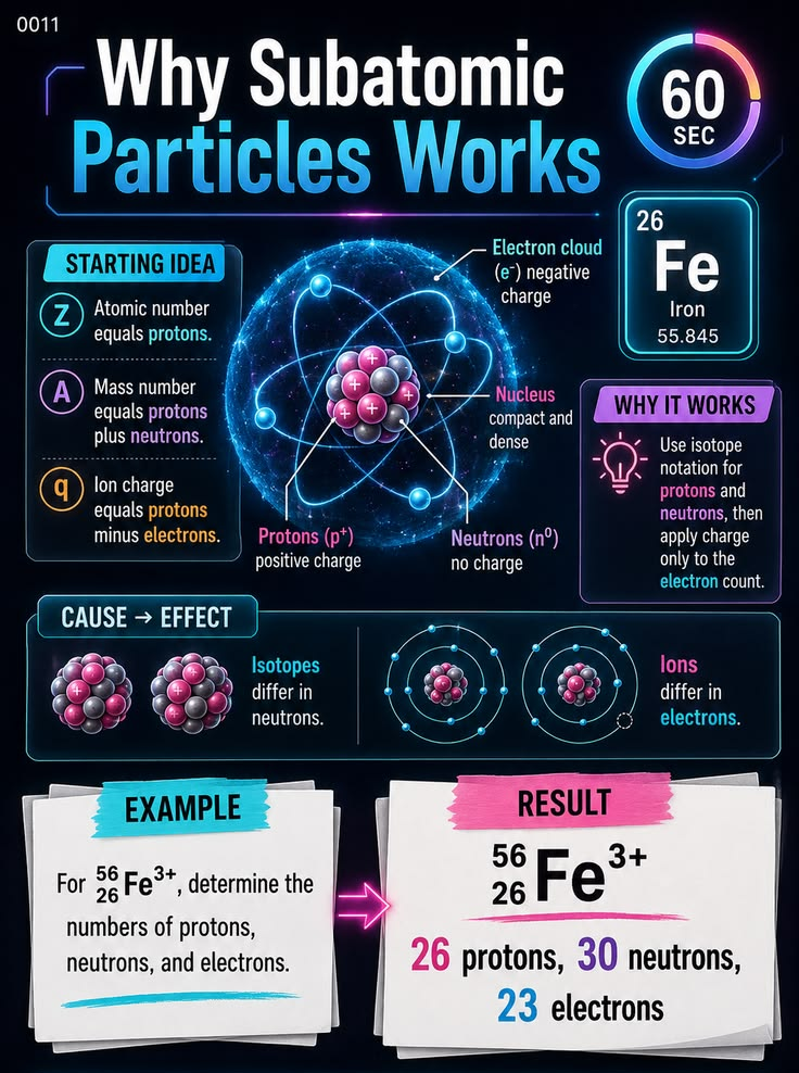 Infographic για υποατομικά σωματίδια: Fe, πρωτόνια, νετρόνια, ηλεκτρόνια, πυρήνας, 56Fe3+, μετρήσεις και τύποι.