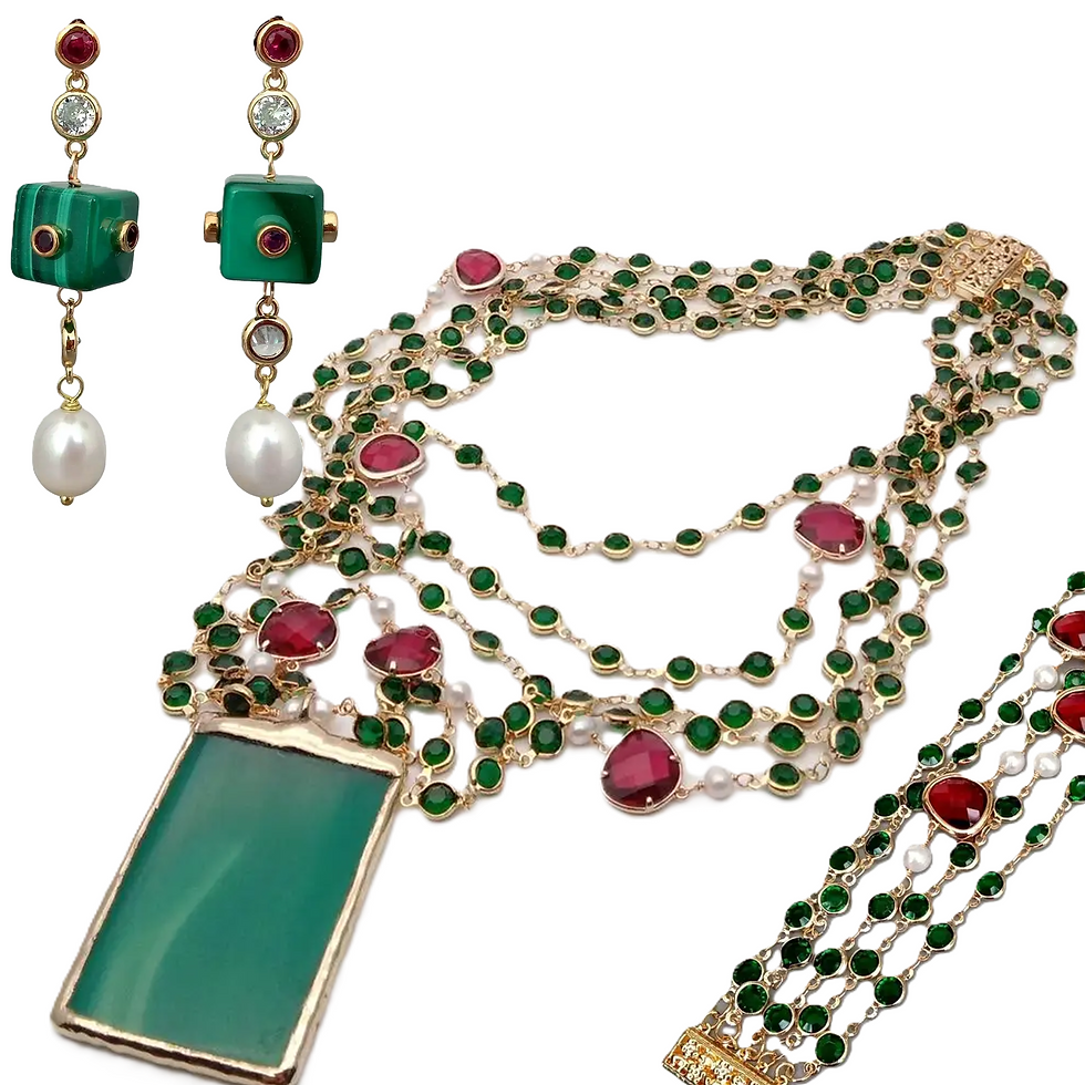 Set of 3: 18 ct Green Malachite Cube Pave Cultured White Rice Pearl Agates