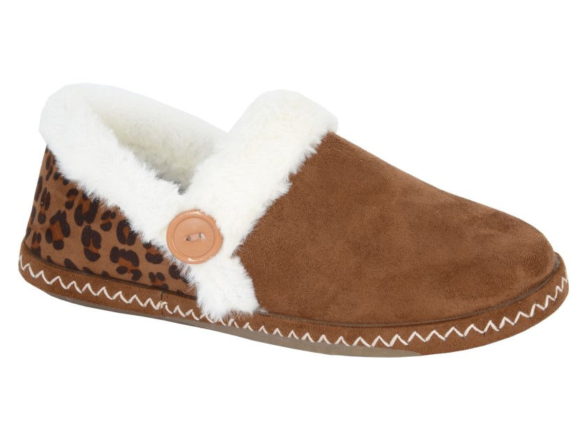 Dark tan ladies micro fibre warm lined slipper front view
