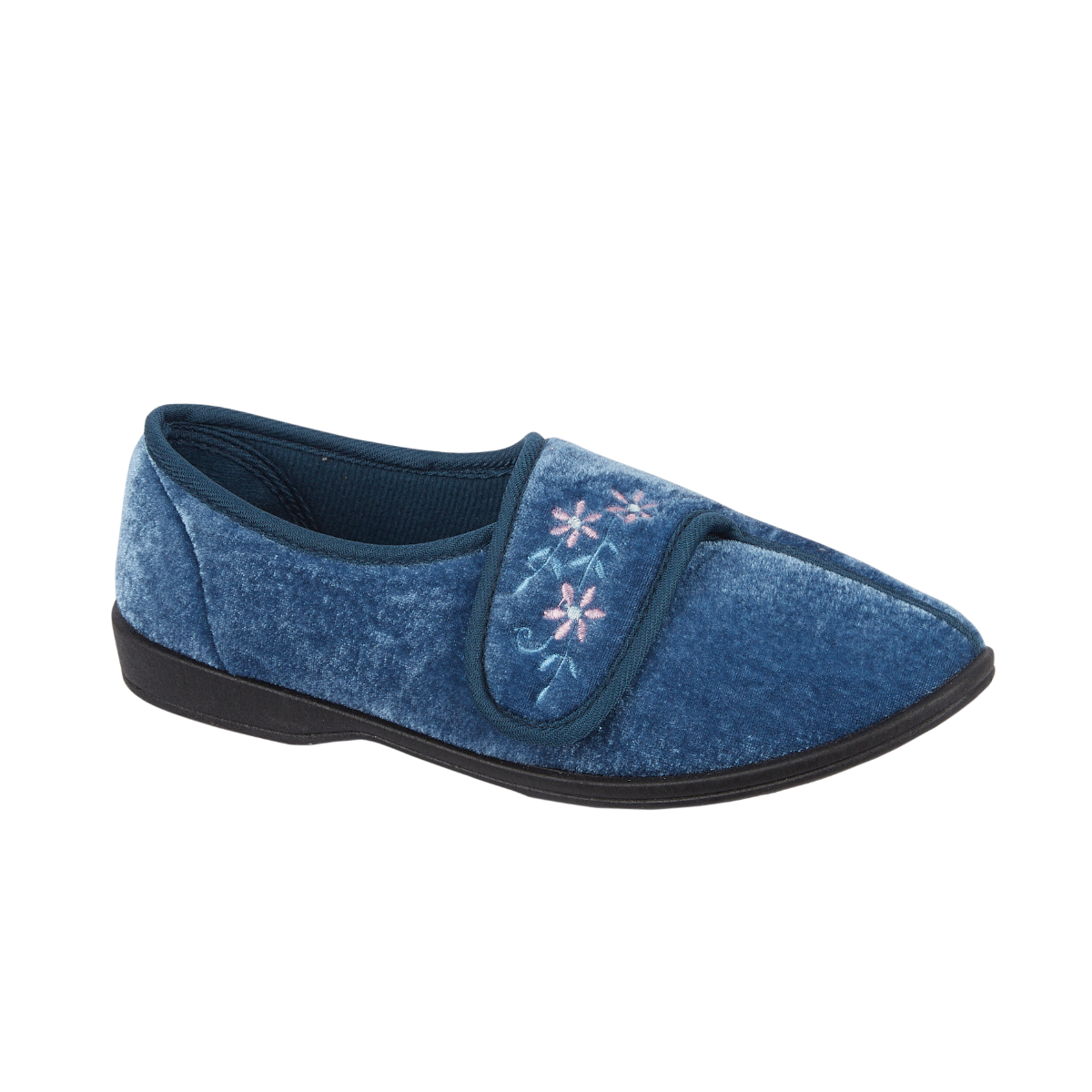 VERONICA - Navy, Grey o Wine - Ladies touch & close slipper with embroidery.