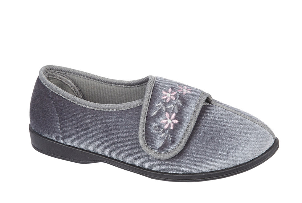 Thumbnail: VERONICA - Navy, Grey o Wine - Ladies touch & close slipper with embroidery.