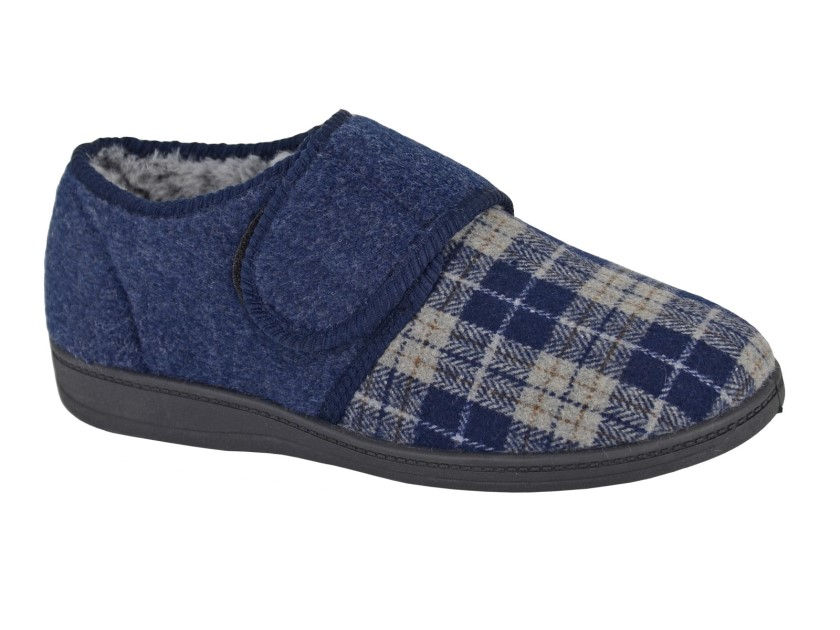 Navy check warm lined mens touch fastening slipper front view