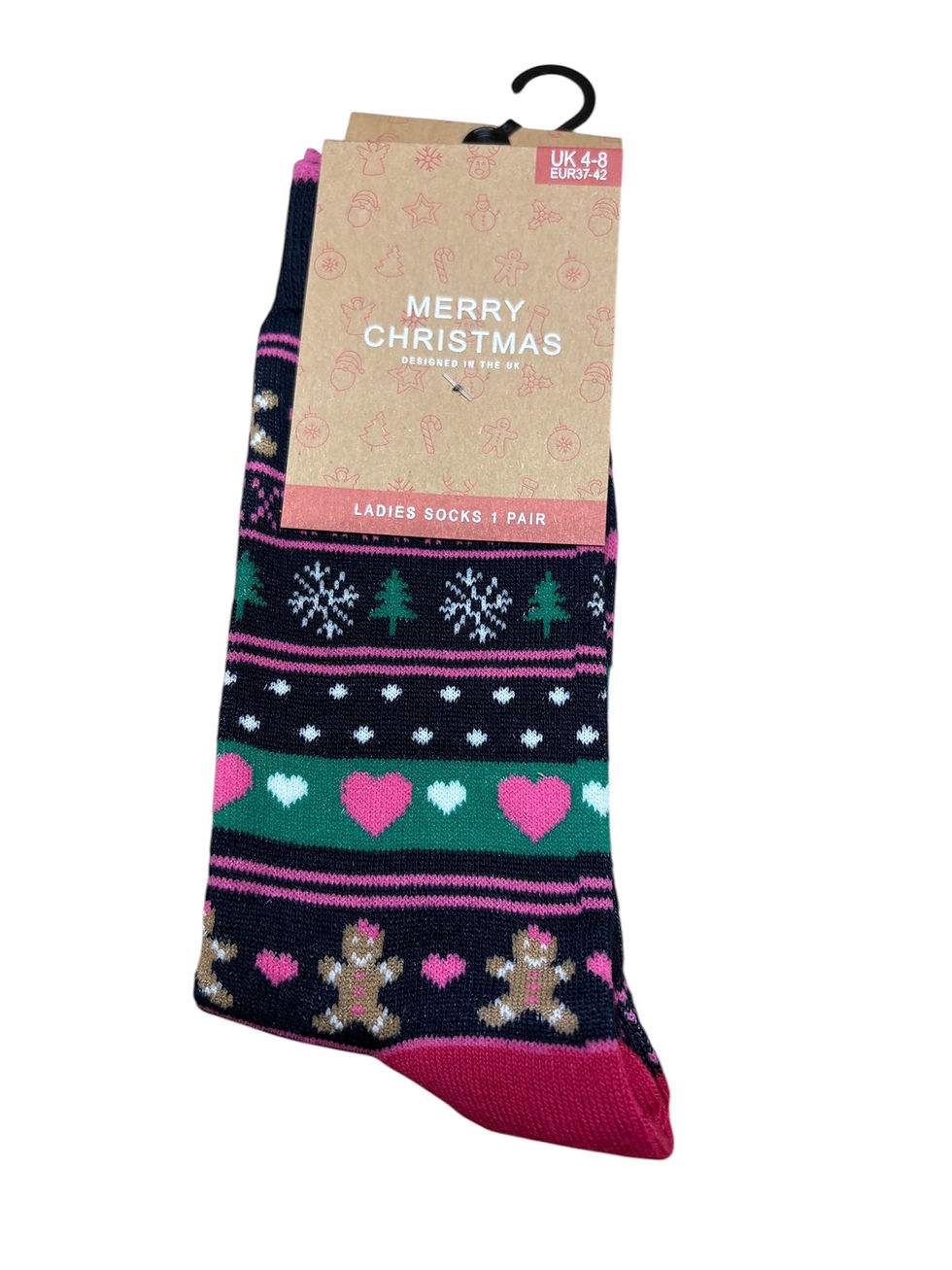 Thumbnail: black and green stripe festive socks with gingerbread man and snowflakes