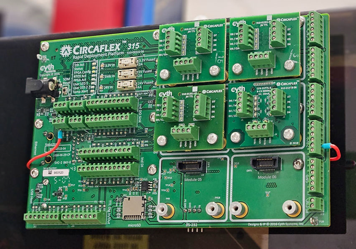 Cyth CircaFlex-315 board with four modules. The modules enable expanded I/O connectivity with NI Single-Board RIO.