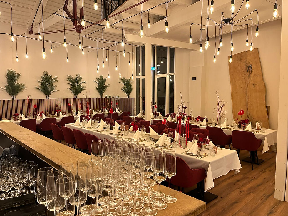 Eye-level view of elegant dining table set for an event