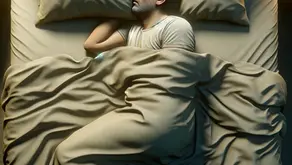 A man sleeping on a light grey bed and blanket