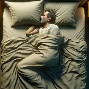 A man sleeping on a light grey bed and blanket
