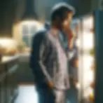 Man in pajamas standing in front of open fridge at night.