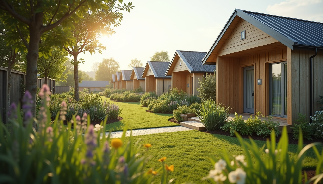 Wide angle view of a tiny home community with shared green spaces