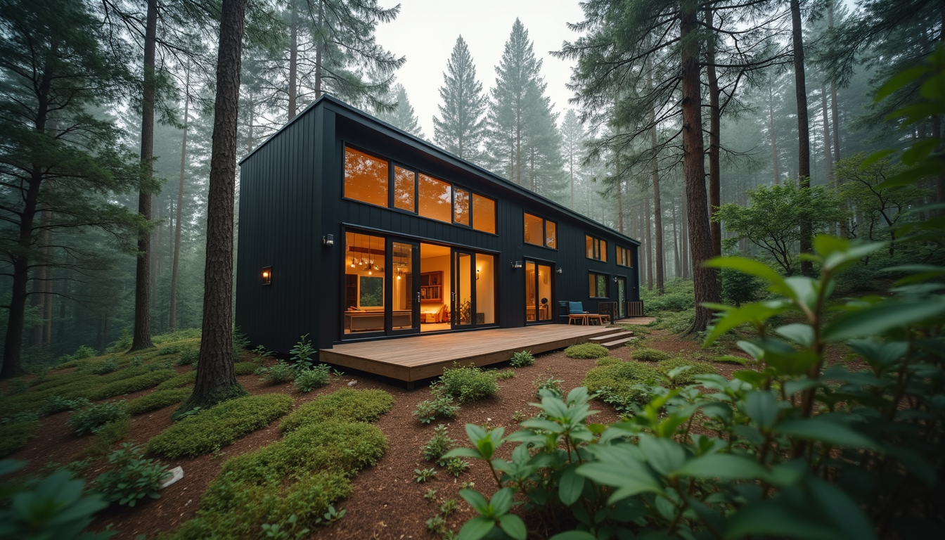 Eye-level view of a modern sustainable tiny home exterior in a forest setting