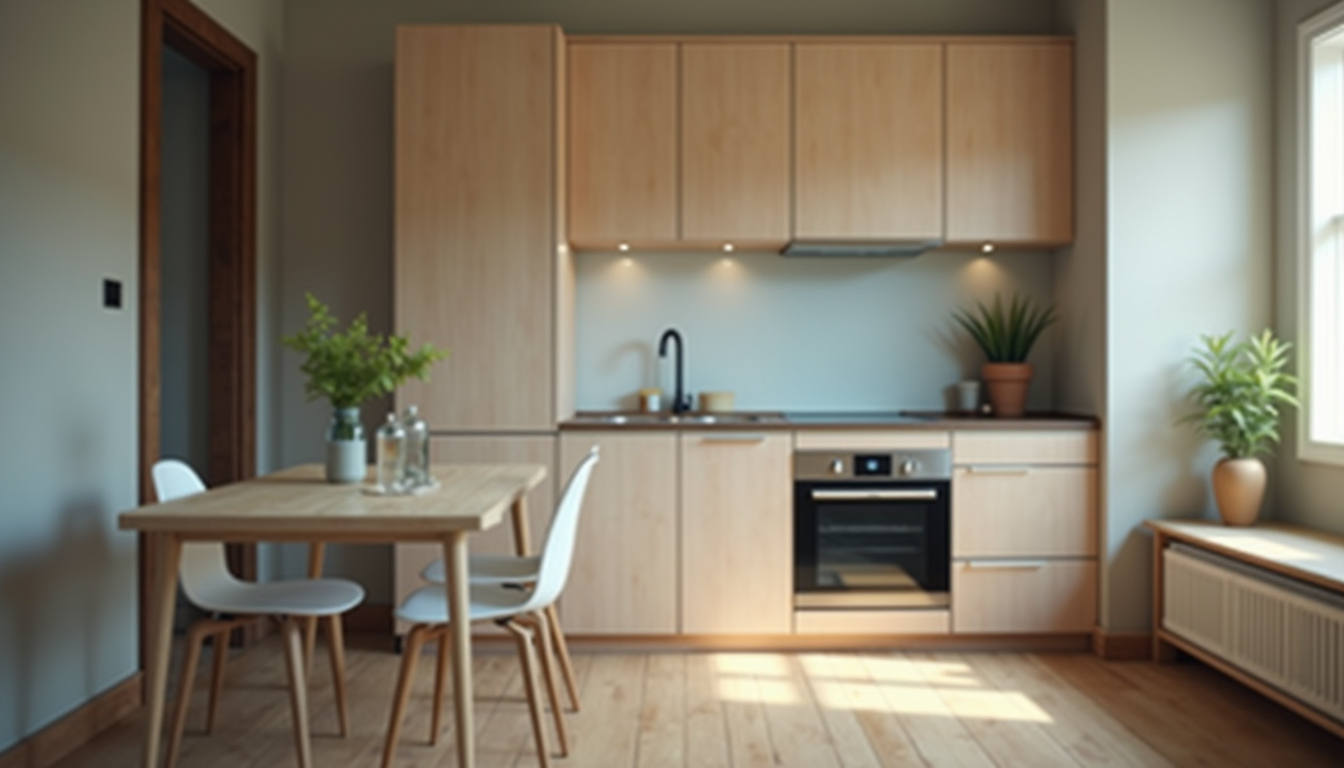 Close-up view of a tiny home interior with modern kitchen appliances