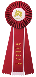 red and white ribbon award with rosette, overlay center streamer, 2 side streamers and logo button with gold foil stamping.