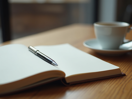 Notebook and pen on a wooden table with a cup of coffee. Soft natural light creates a calm, focused setting.