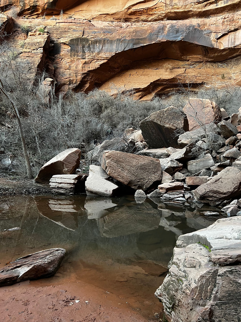 Rocky cliff with red-orange hues, reflected in a calm pool. Boulders and sparse trees in foreground; a serene and natural setting.