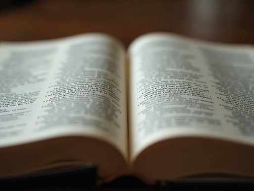 Open book on a wooden table, pages filled with text. Soft lighting creates a warm, focused atmosphere.