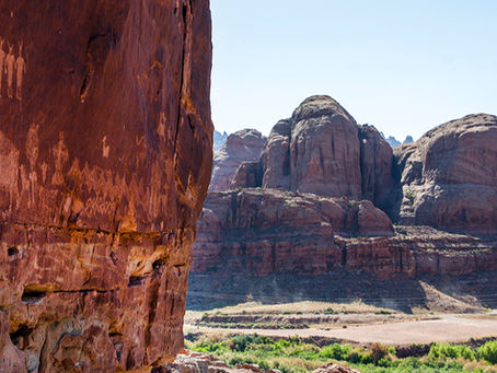 Red sandstone cliff in foreground with desert mesas, green shrubs, and clear blue sky in a bright canyon landscape.