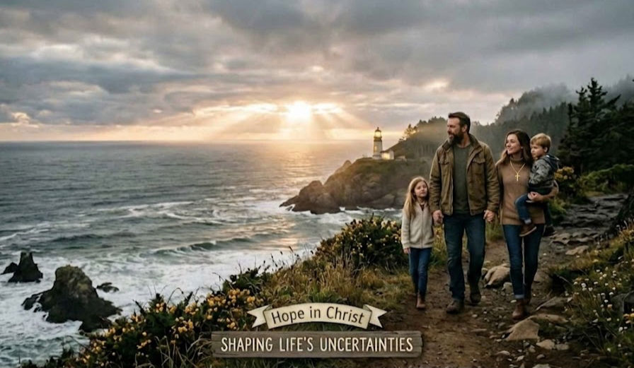 Family of four walks on a coastal path at sunset. A lighthouse is visible. Text reads Hope in Christ, Shaping Life's Uncertainties.