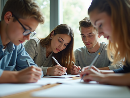 Group of students studying and taking notes together on the same table.