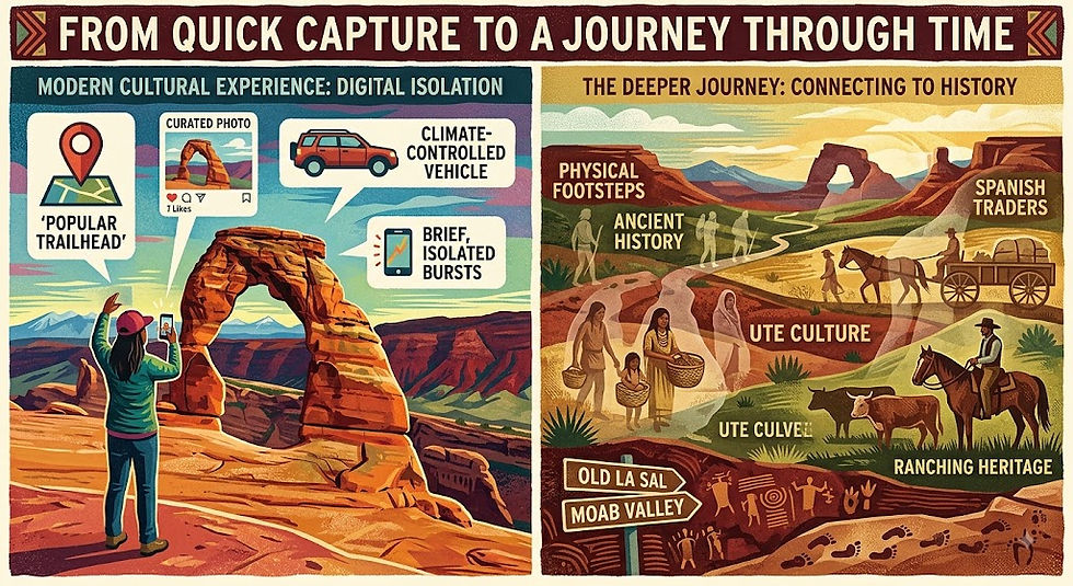 Split infographic shows a tourist at a desert arch beside a historical scene of Ute culture, ranching, and Spanish traders.
