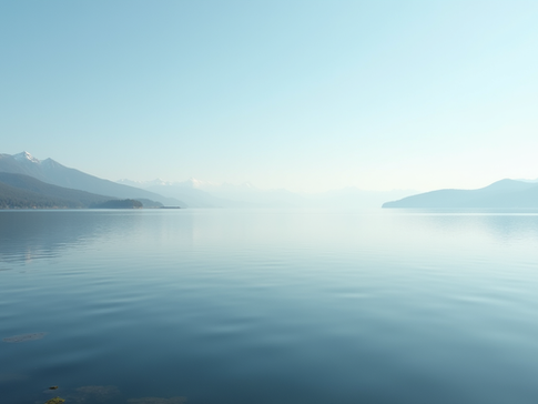 Looking over a hazy mountain lake, the lake takes up most of the picture with moutain peaks on each side of the top of the scene