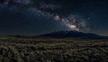 Starry night sky with Milky Way over distant mountains. Foreground shows a vast, dark grassy landscape with a winding path.