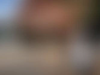 Red rock formation with "Hole N' The Rock" text, a buffalo sculpture, and a white ride-on aircraft. Blue sky, trees, and a white truck.