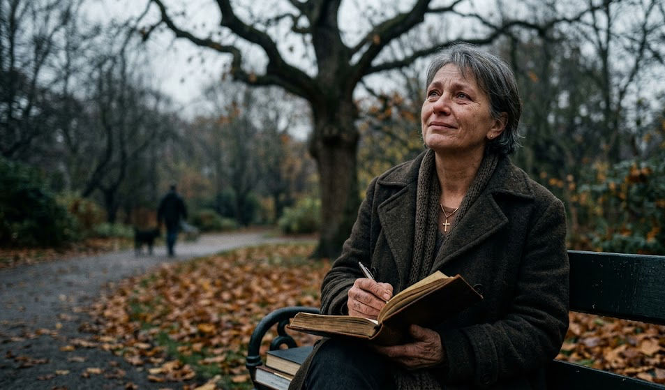 Elderly woman on a park bench, writing in a notebook, looking thoughtful. Autumn leaves cover the ground; a person walks a dog in the background.