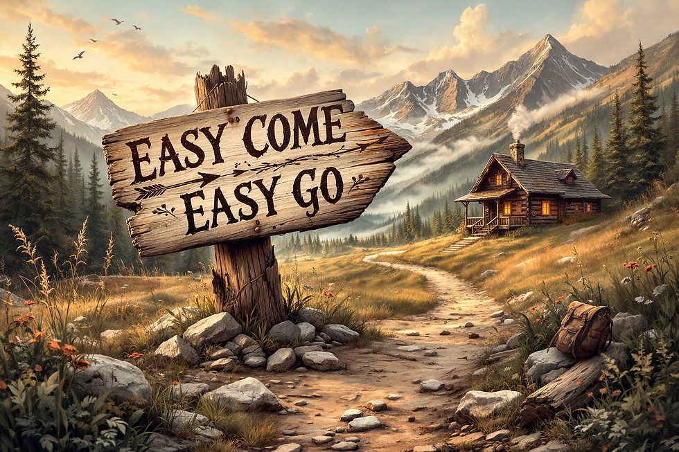 A caroot mountain landscape, with a cabin in the background, smoke coming from the chimney. There is a trail leading up to the cabin, with a sign that reads, easy come easy go