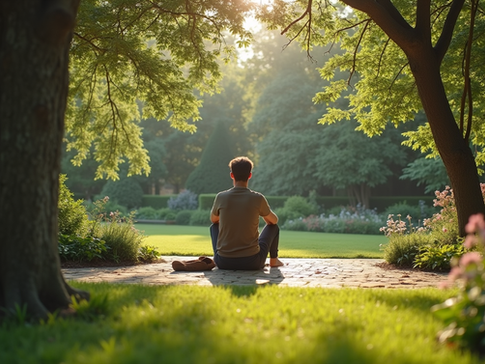 Man sits cross-legged on a park path, meditating under sunlit trees. Lush greenery and pink flowers surround him, creating a serene mood.