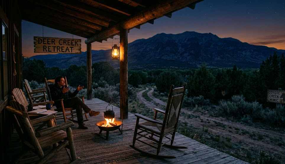 Person relaxes on a porch at Deer Creek Retreat, near a fire pit. Rocky chairs, lanterns, and twilight mountains create a serene mood.