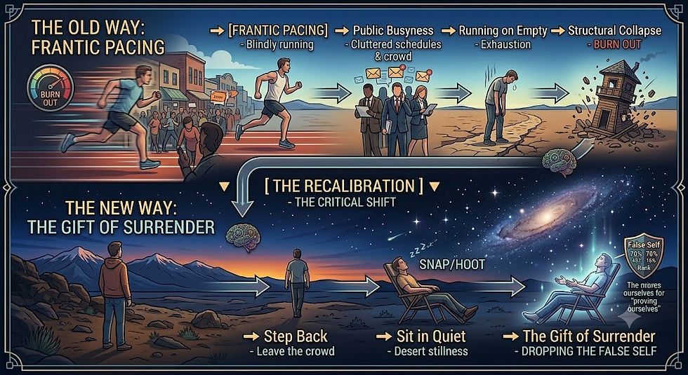 Infographic of frantic runners and burnout above, with a calm desert-to-galaxy surrender path below and labels.