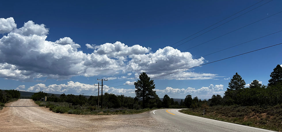 Curving rural road meets a dirt road under a blue sky with big clouds, power lines, and pine trees.