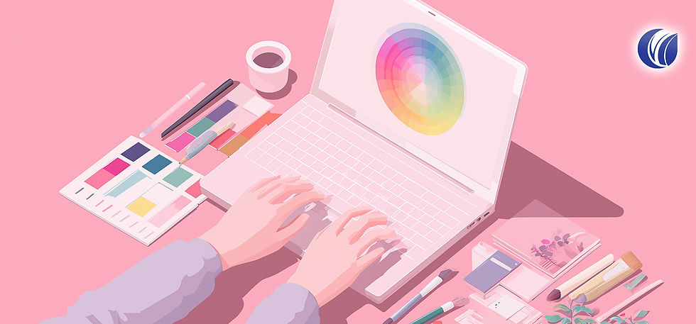 Person arbeitet an Laptop mit Farbrad, Farbmusterkarten und kreativen Tools – symbolisch für den Einstieg in die Farbwelt beim Webdesign.