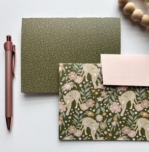 Note card and envelope stationery set featuring Hearten Design's big cats animal print pattern from The Gentle Wild collection