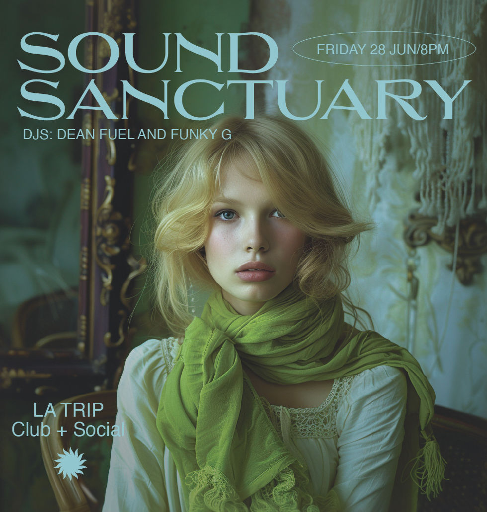 Sound Sanctuary event with a woman wearing a green scarf and visible text.