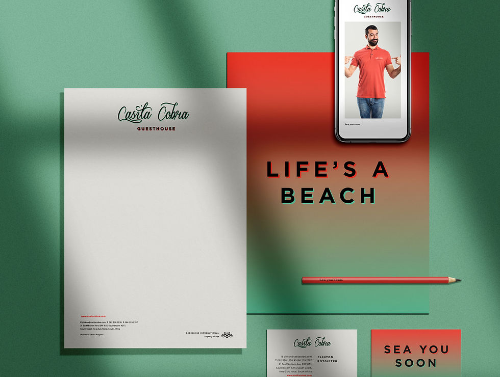 Casita Cobra guesthouse branding with streamline saying Life's a Beach featuring coral and mint green colour palette