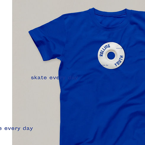 Blue t-shirt with a white Rolling Youth logo and text skate every day.