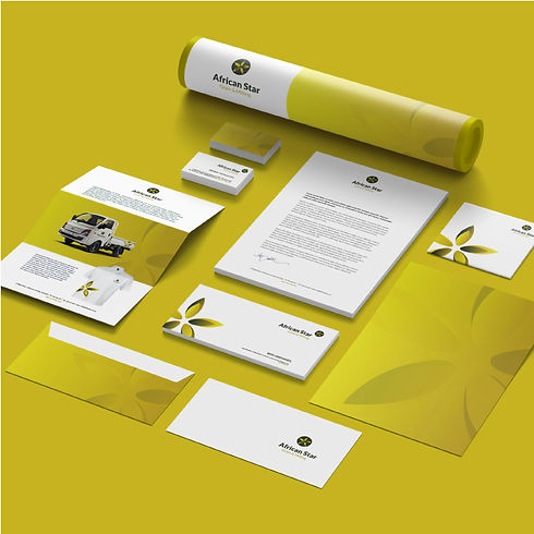 Stationery set showcasing African Star brand identity on yellow background with logos.
