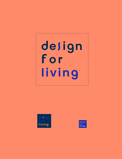 Design for Living logo on a coral background, multiple sizes displayed.