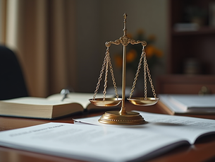 Golden scales of justice on a desk with open books in a dimly lit room. Background shows blurred bookshelves and flowers, creating a serene mood.