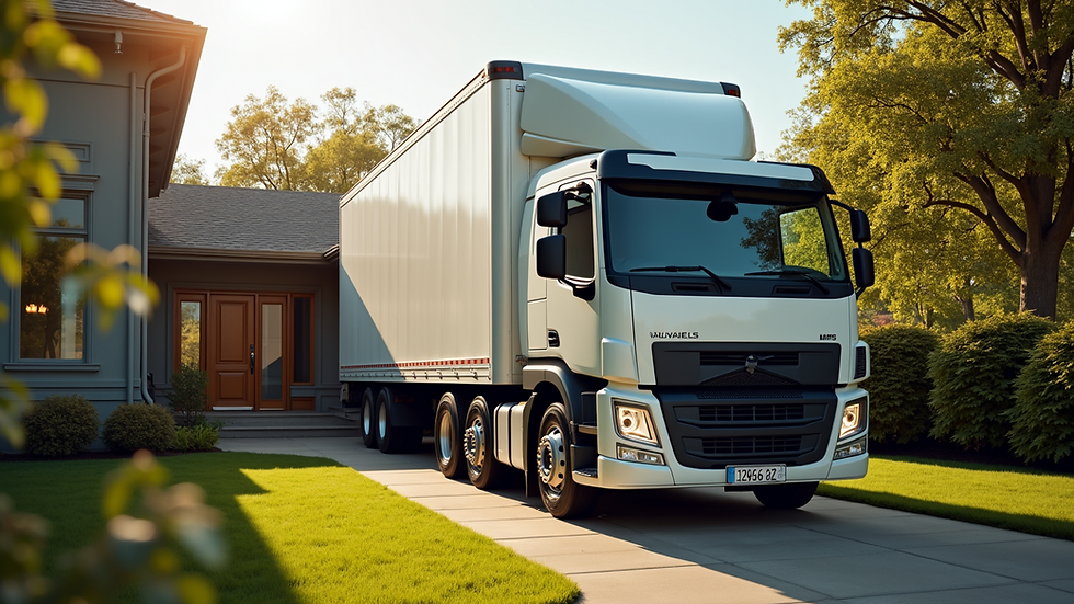 Eye-level view of a moving truck parked outside a cozy home