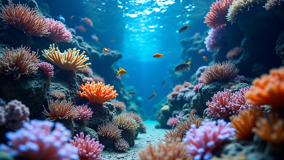 High angle view of a vibrant saltwater aquarium with colorful corals