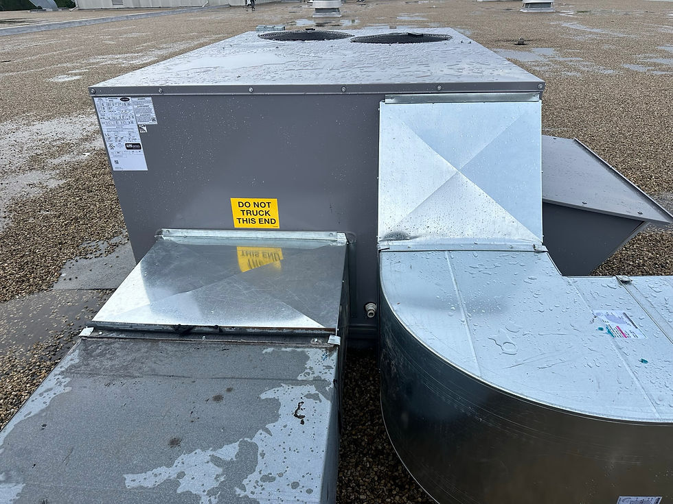 Eye-level view of a commercial building rooftop with HVAC units
