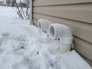 White PVC furnace intake and exhaust pipes half buried in a deep snow drift against house siding