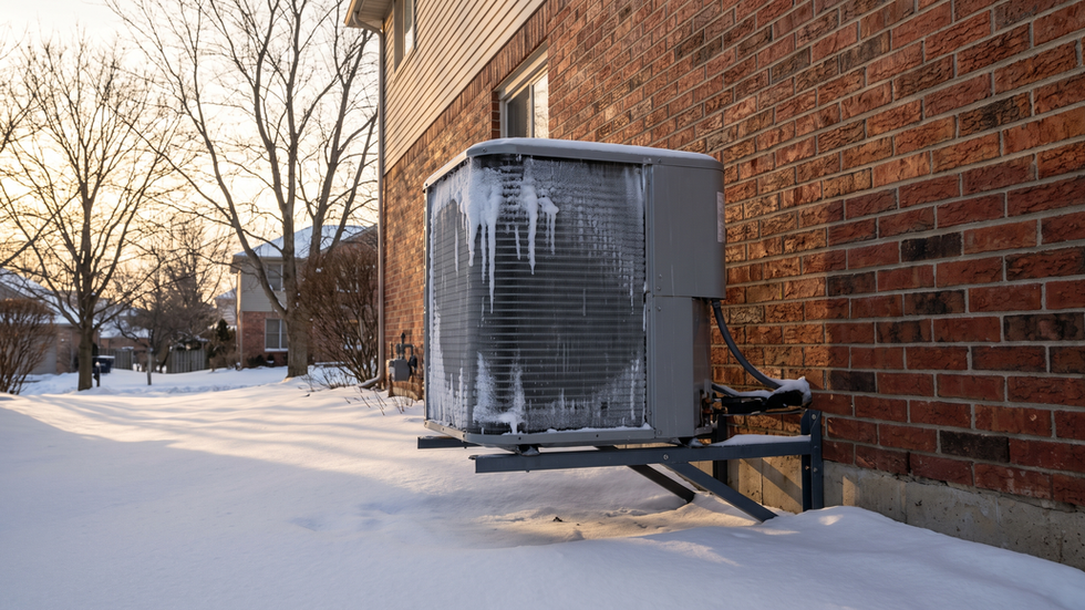 Outdoor air source heat pump unit raised above deep snow beside a brick suburban Chicago house in winter