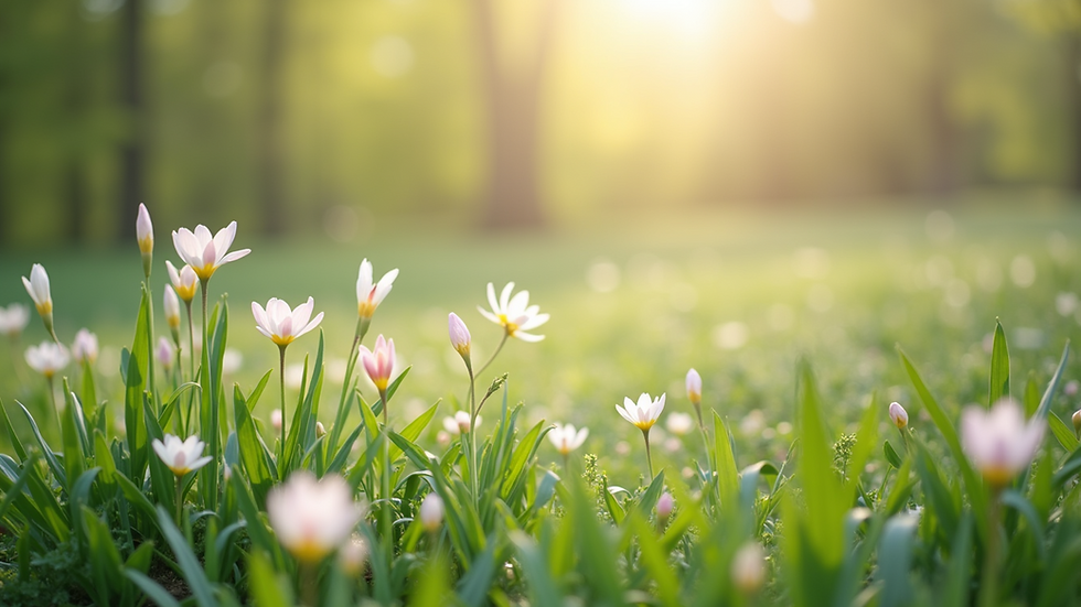 Wide angle view of a spring landscape with blooming flowers