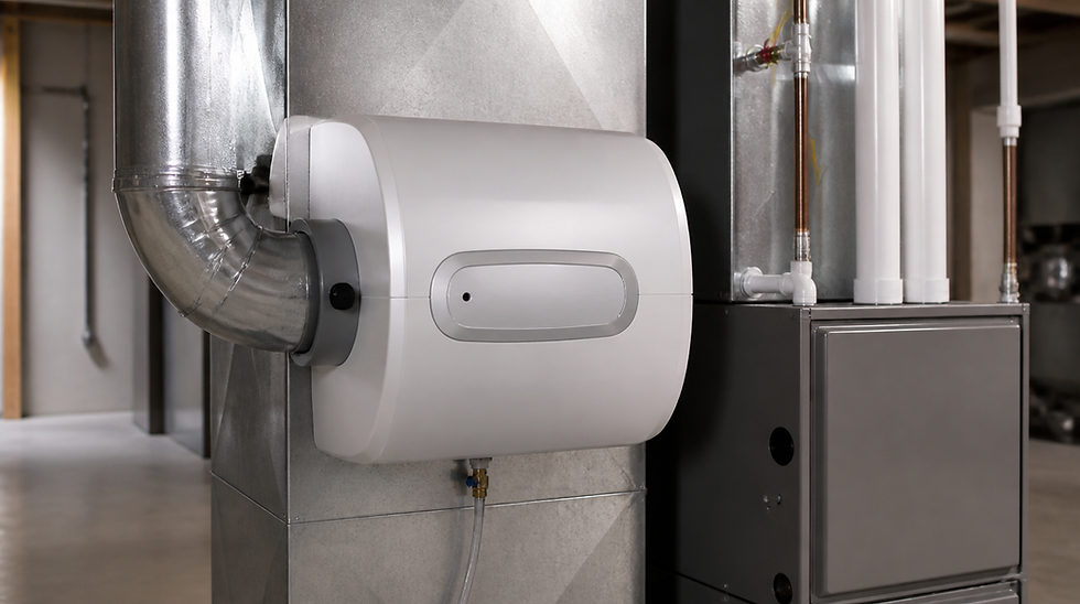 Whole-home humidifier installed on furnace ductwork in a residential basement