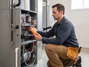 HVAC technician performing a furnace tune-up with tools in a Chicago-area home